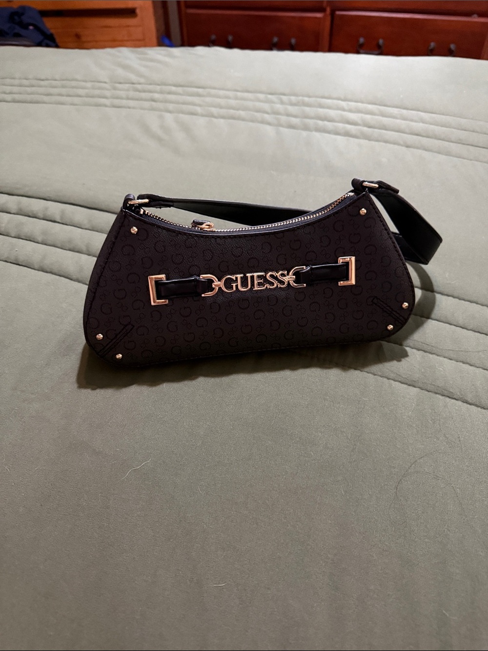 Guess Black Logo Shoulder Bag with Gold Accent